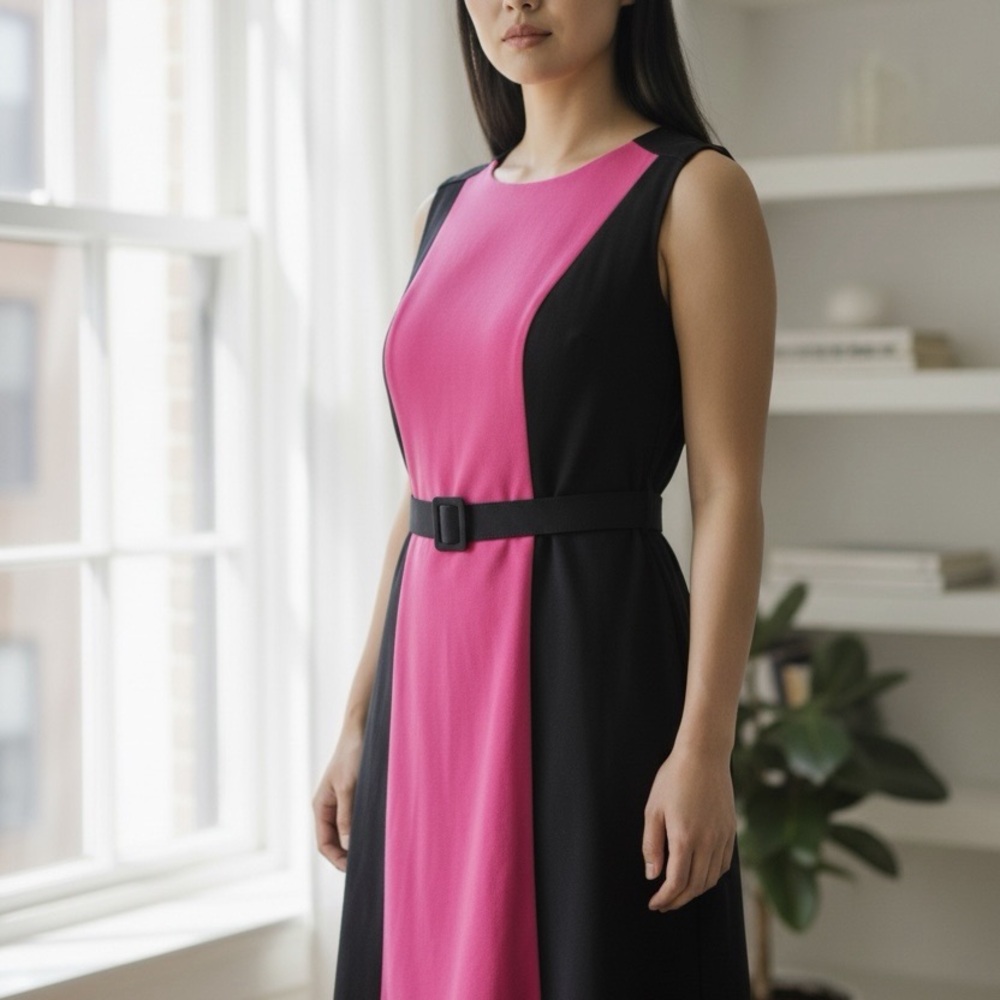 New York & Company Pink and Black Midi Dress with Belt